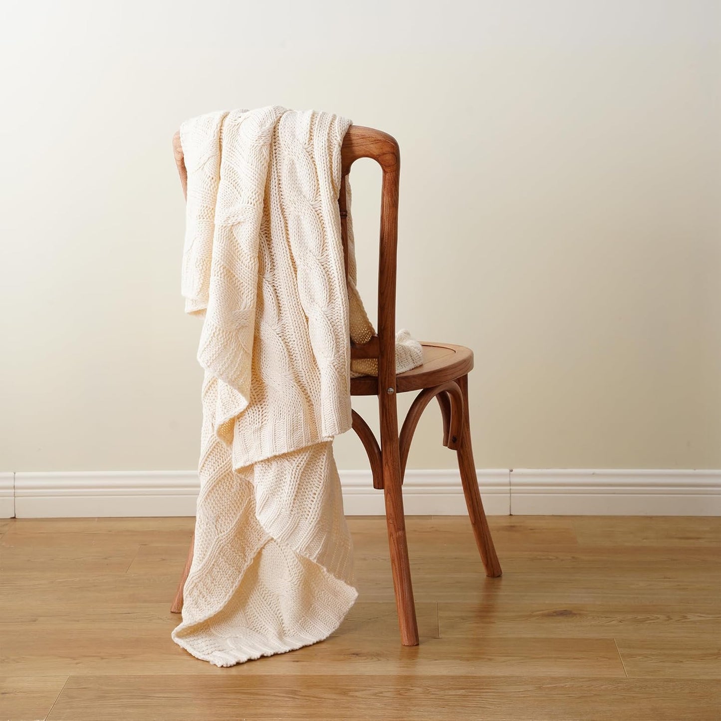 Battilo Cream Ivory Cable Knit Throw Blankets for Couch, Super Soft Warm Cozy Decorative Knitted Throw Blanket for Bed, Sofa, Chair 50"x60"