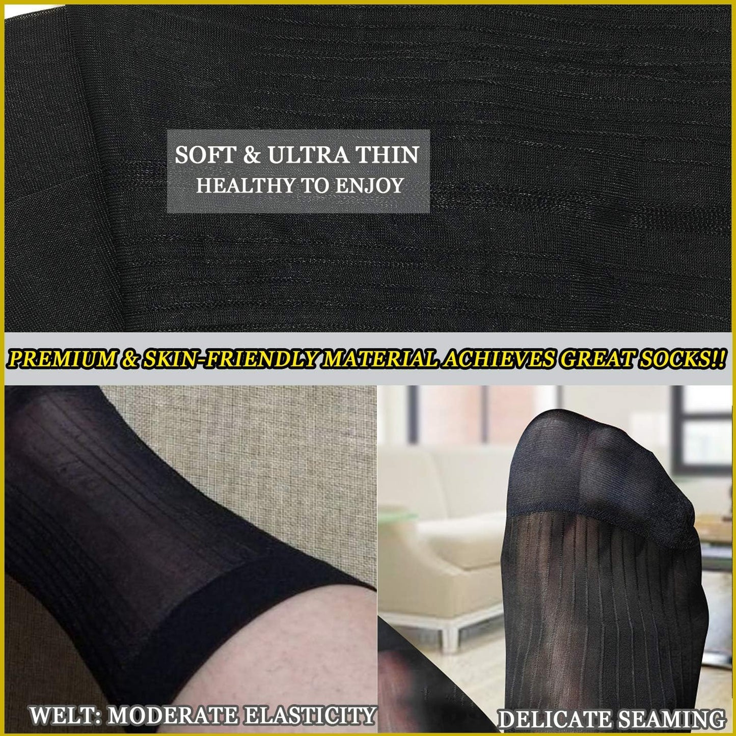 Uaussi 10 Pairs Mens Ultra Thin Dress Socks Silk Sheer Business Socks Soft Nylon Work Trouser Sox Mid Calf
