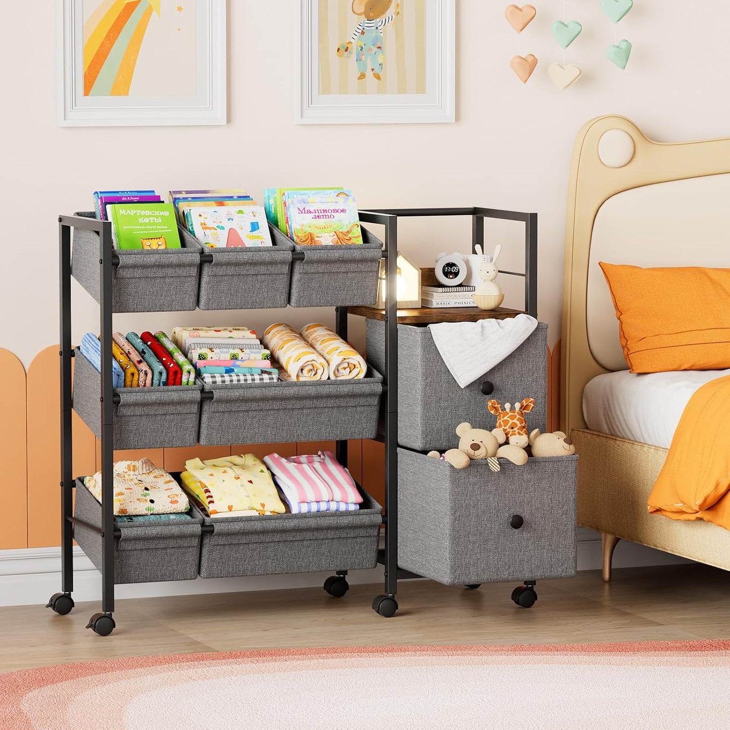 Kids Toy Organizers and Storage Bins - 7 Storage Bins + 2 Fabric Drawers + 1 Bookshelf, Playroom Storage, Mobile Cart Organizer for Toy, Clothes, Blankets and Books - Black