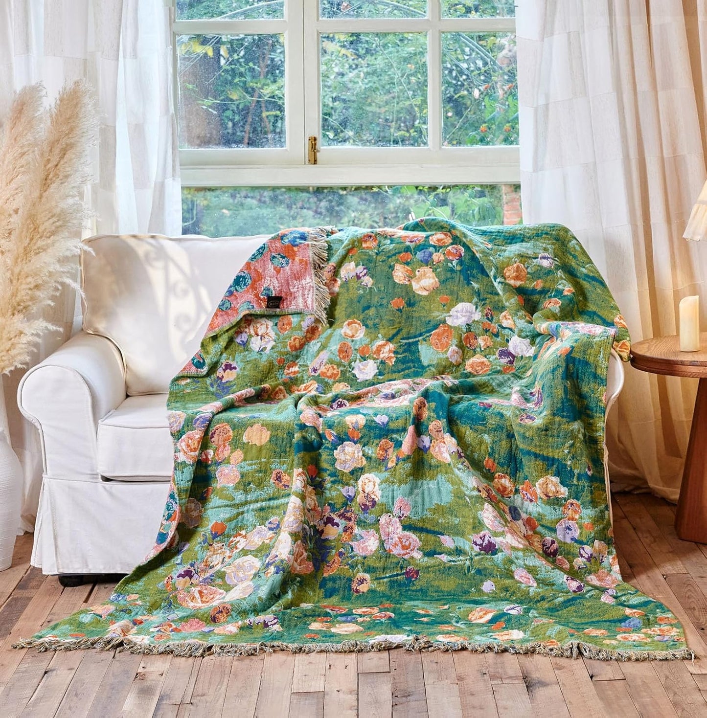 Boho Throw Blanket - 100% Cotton Throw Blankets for Bed Couch, 50"x60" Soft Muslin Lightweight Spring Throw Blanket, Cozy Floral Plant Printed Bohemain Bedding Decor Green Throw Quilt