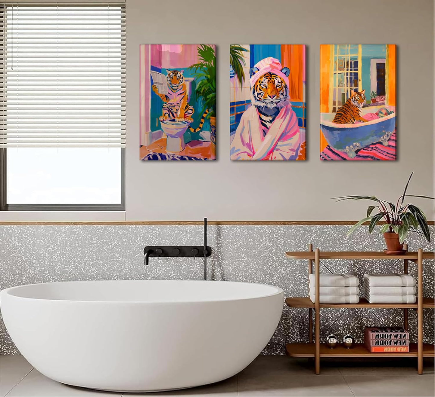 3 pcs Funny Bathroom Tiger Wall Art Eclectic Pink Kitsch Dopamine Aesthetic Animal Pictures Wall Decor Tiger in Bathtub Fashion Poster Print Artwork for Bathroom Toilet Furniture Decoration
