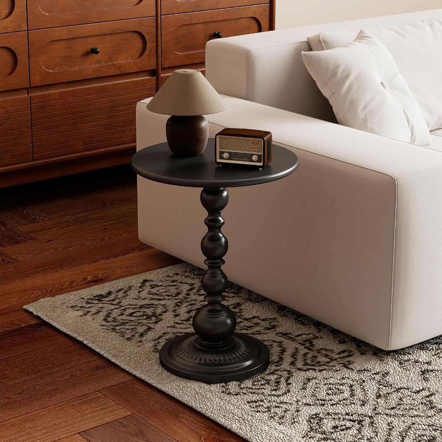 Metal Small End Table,Vintage Matte Black Round Side Table Nightstand for Bedside or Sofa,Small Accent Pedestal Table for Living Room Corners Bedroom Patio and bar (Matte Black)