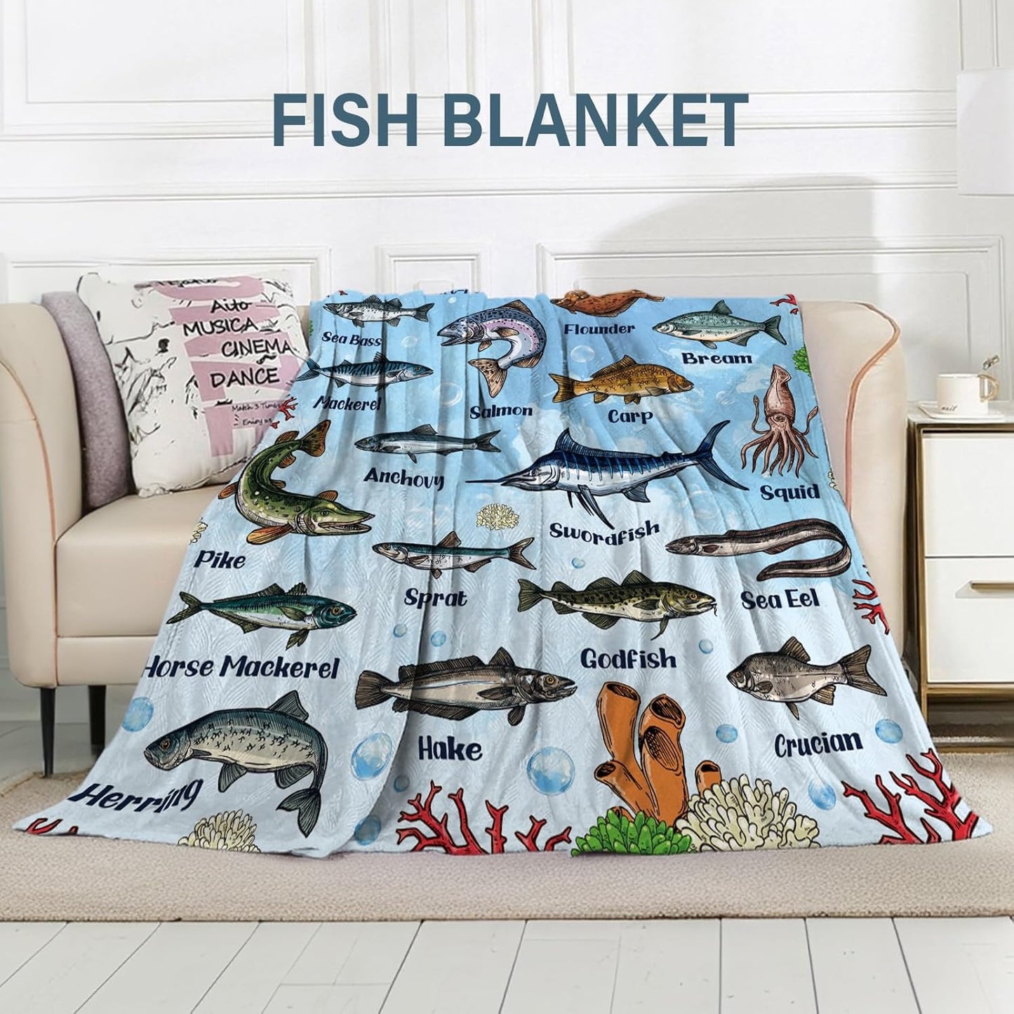 Fish Blanket Gifts for Fish Lover, Fishing Gifts for Men Boys, Fishing Decor, Soft Throw Blanket, Birthday Christmas Thanksgiving Gifts for Dad Grandpa Son Aquarium Lovers, 50" X 60"