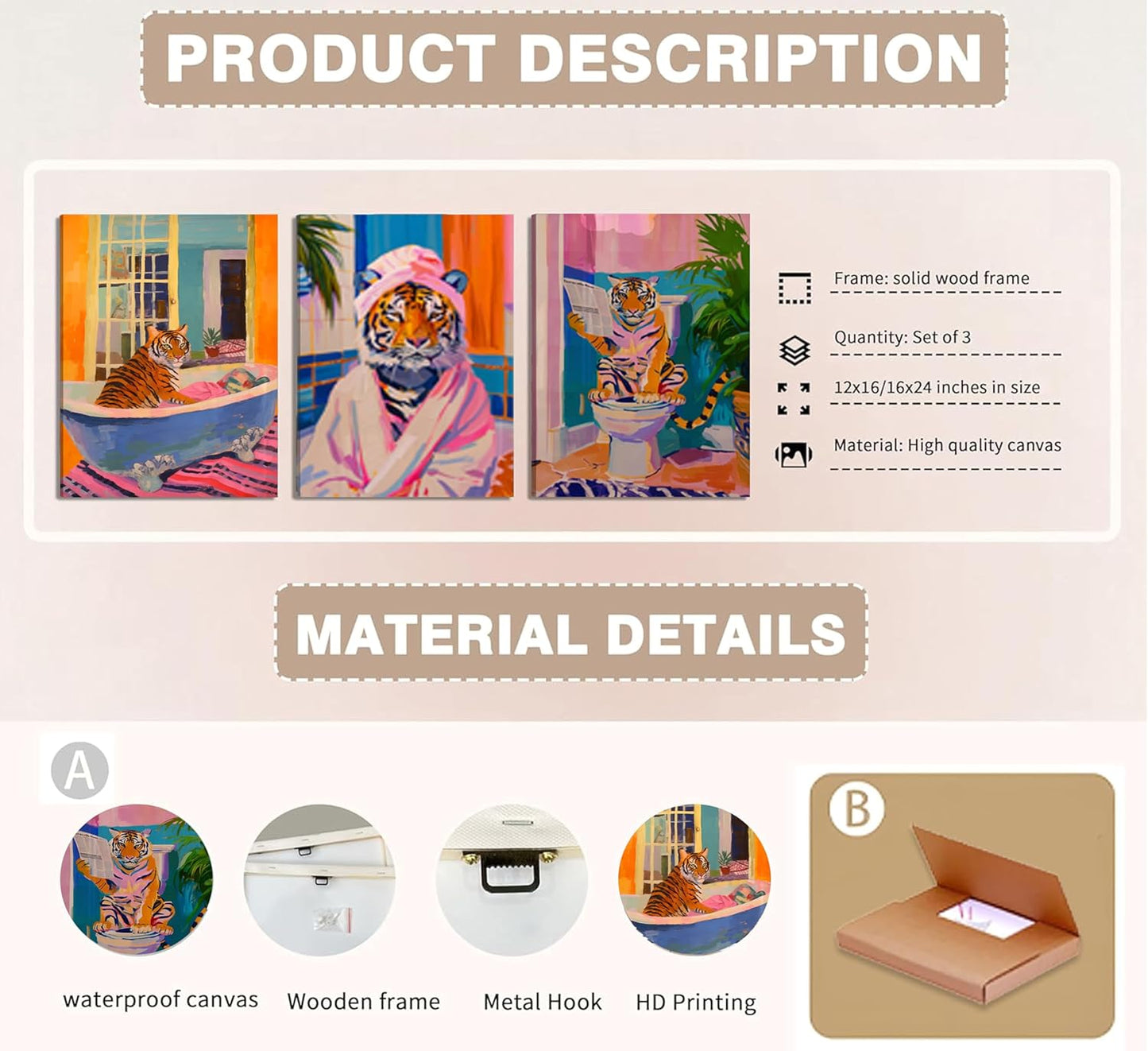3 pcs Funny Bathroom Tiger Wall Art Eclectic Pink Kitsch Dopamine Aesthetic Animal Pictures Wall Decor Tiger in Bathtub Fashion Poster Print Artwork for Bathroom Toilet Furniture Decoration