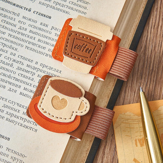 2pcs Coffee Magnetic Bookmarks, Vintage Leather Book Mark with Pen Holder for Reading Women, Magnet Bookmark Clip for Book Lover