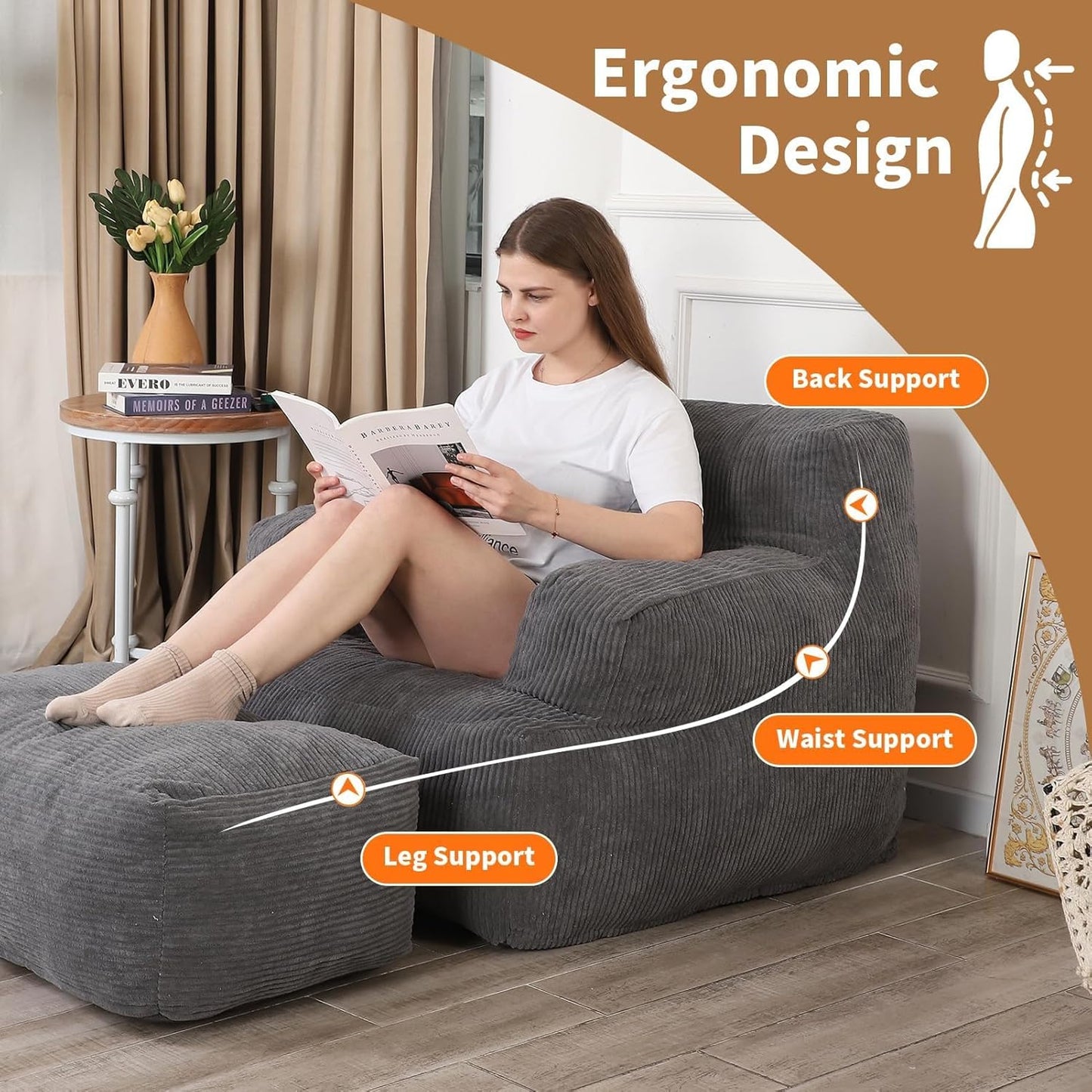 Bean Bag Sofa Chair with Ottoman, Comfy Floor Couch, Oversized Reading Chair for Bedroom, Dorm Room, Living Room, Darkgrey