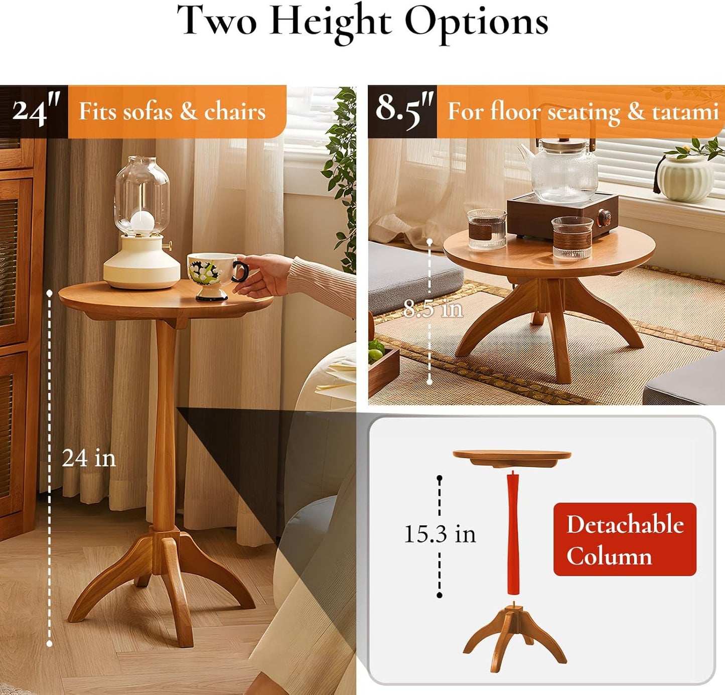 Small Round Side Table, Solid Wood End Table with Adjustable Height, Portable Accent Coffee Table, Nightstand,15.75" Dia.x 23.62" H,(Natural)