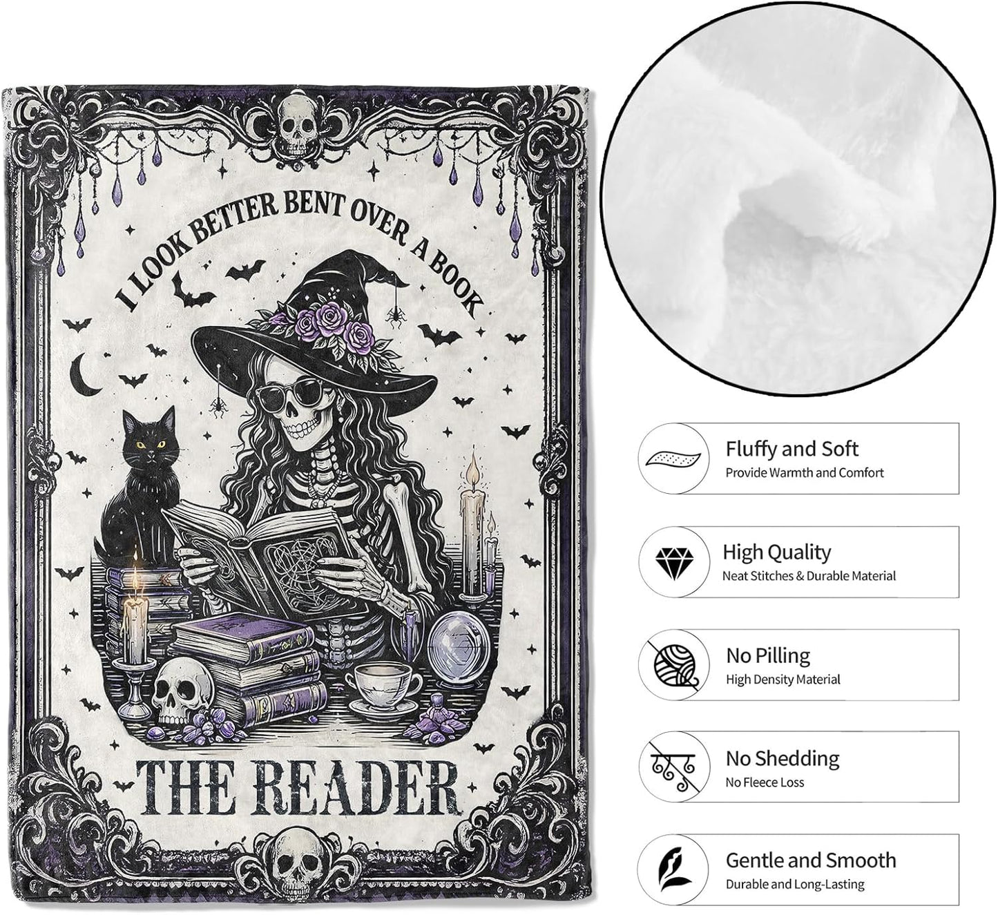 Gothic Skeleton Reader Throw Blanket, 50x60in, Soft Lightweight Flannel, Dark Style Blankets,Gifts for Women and Reading Lovers,for Couch Travel Office Home Living Room Decor