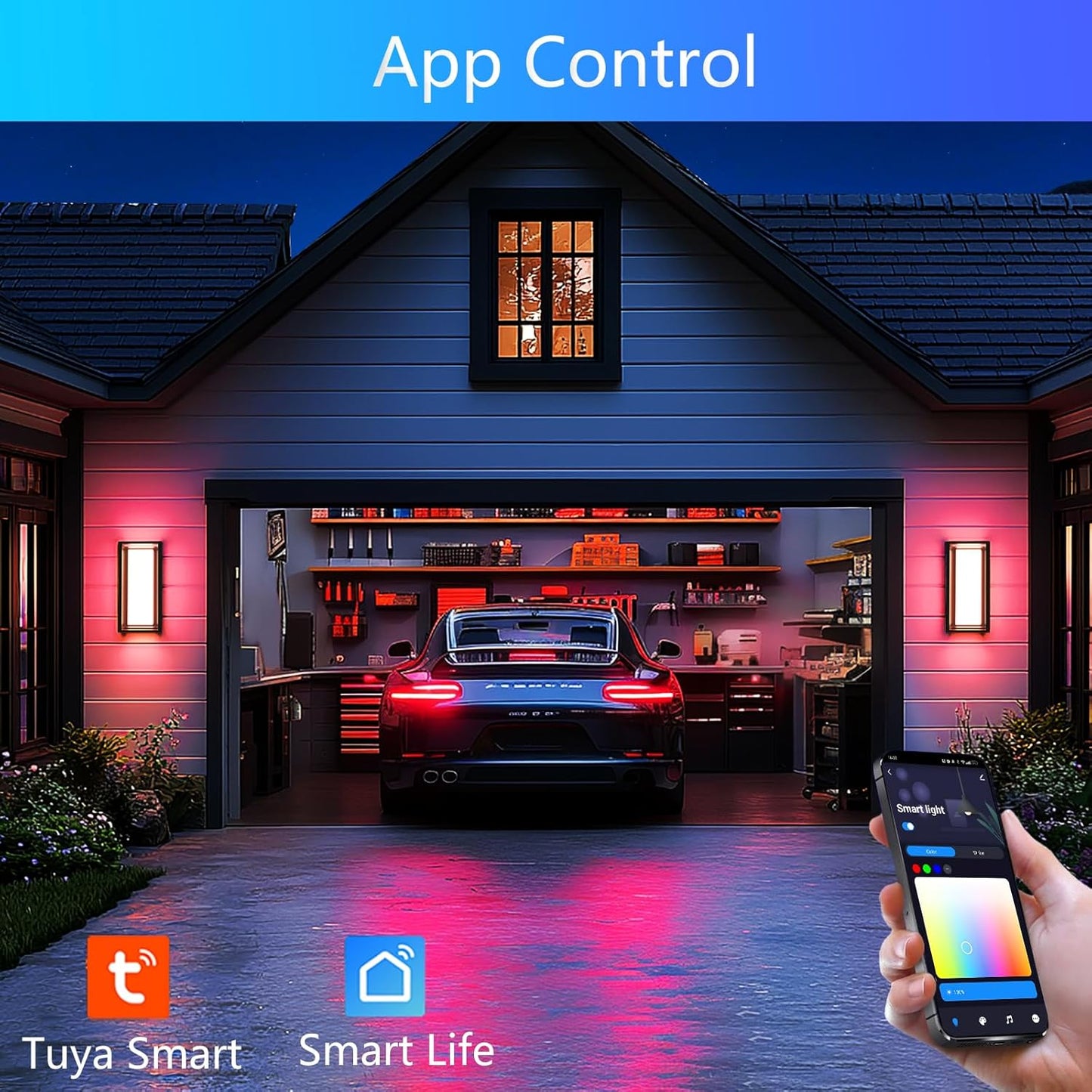 LED Smart Outdoor wall Lights,14in 22W RGB+2700K-6500K Color Changing wall Sconce, Waterproof LED Outdoor Porch Lights, APP Control,IP65 Waterproof,for House Porch Yards