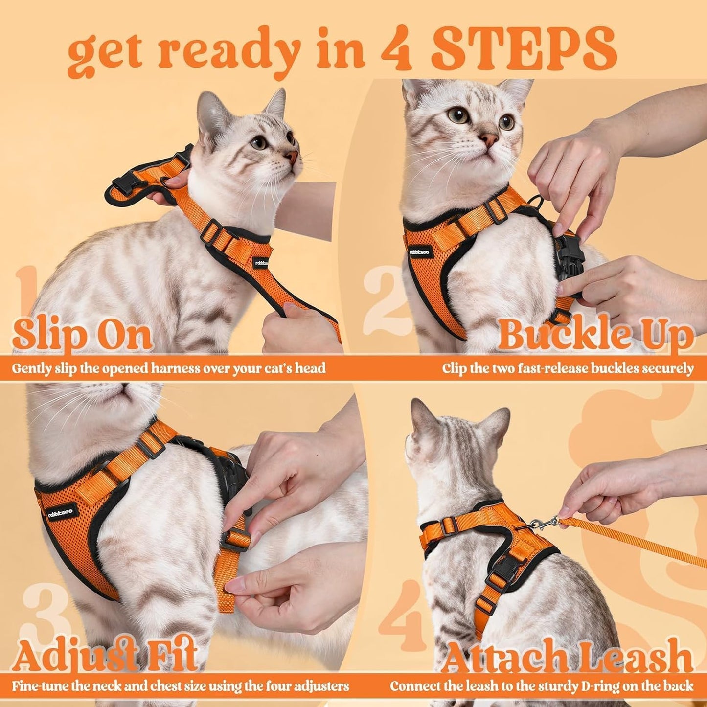 rabbitgoo Cat Harness and Leash for Walking, Escape Proof Soft Adjustable Vest Harnesses for Cats, Easy Control Breathable Reflective Strips Jacket, Orange, XS