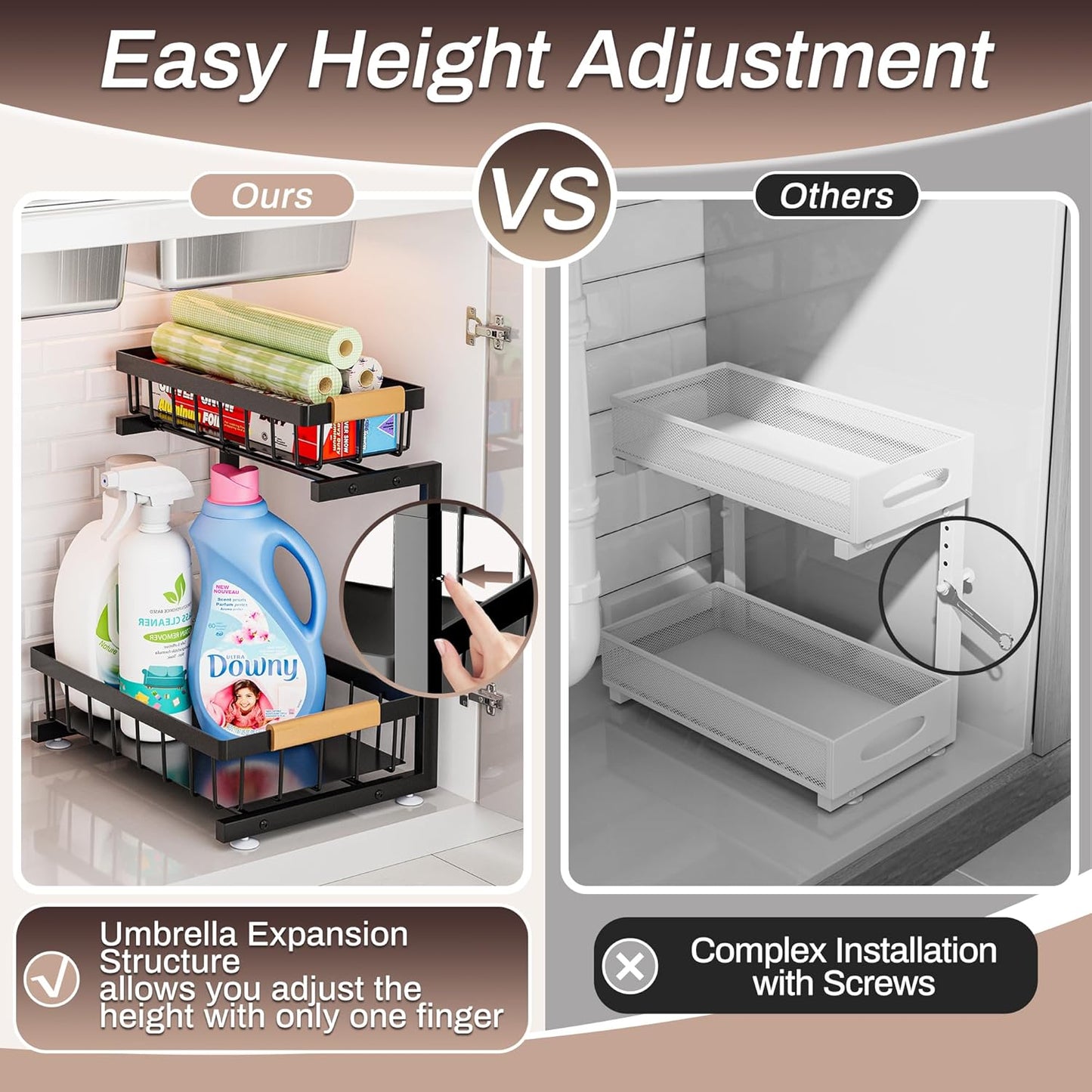 ADBIU Under Sink Organizer 2 Pack, 2 Tier Pull Out Cabinet Organizer with Expandable Height (13.2"-17.2"), Slide Out Metal Storage Shelves for Kitchen, Bathroom, Pantry and Under Cabinet