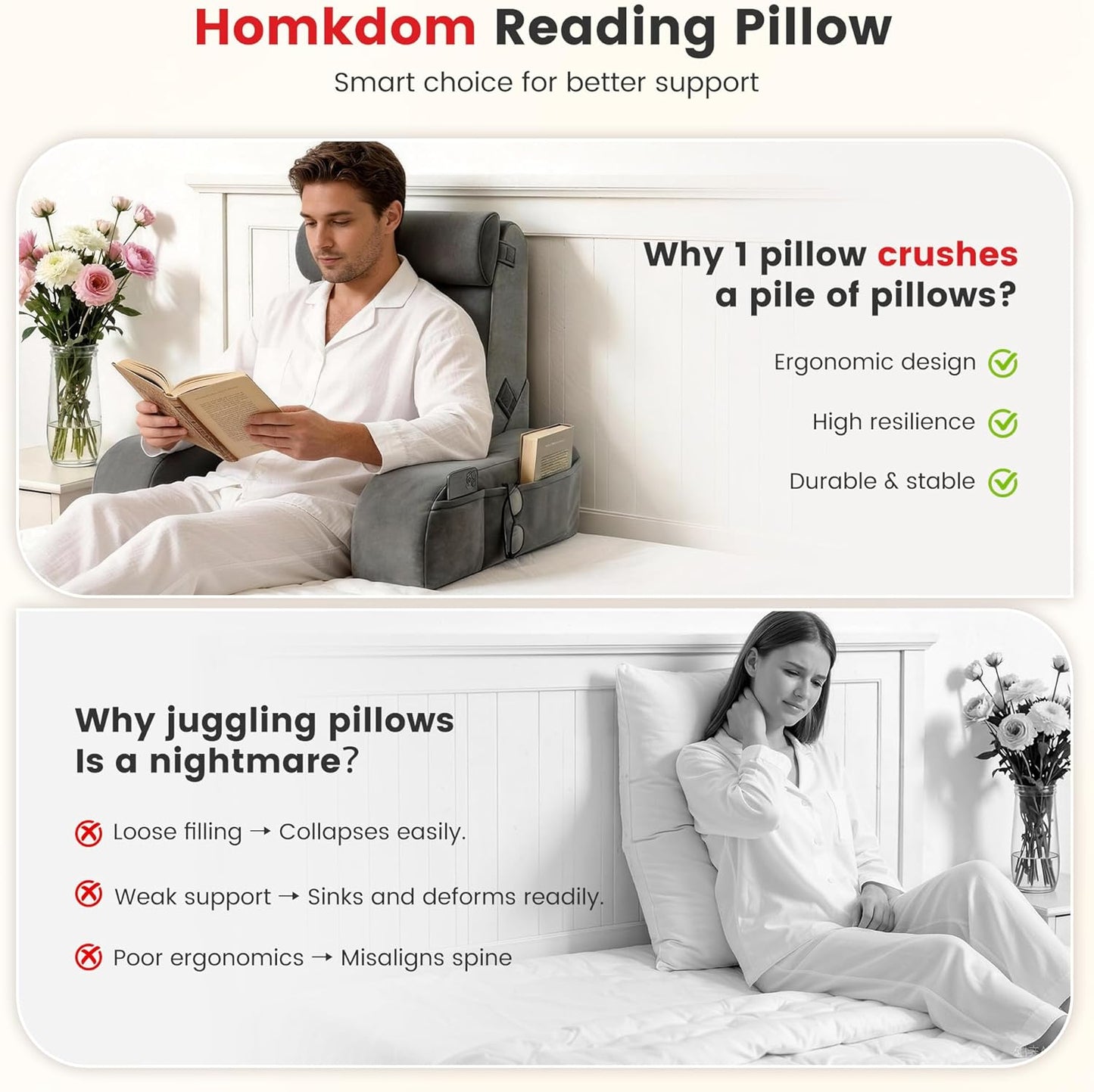 Reading Pillow for Sitting in Bed Adult, 22" Back Pillow for Bed Sitting up with Armrests & Storage Pockets, Ergonomic Wedge Pillow for Watching TV, Gaming, Working, Recovery, 5PCS, Grey