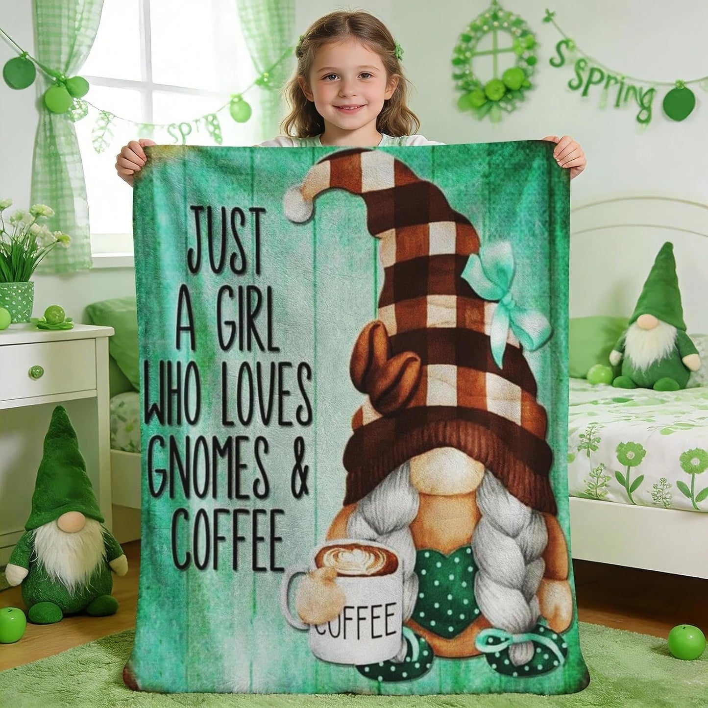 Coffee Gnome Blanket for Girls- Gnomes Gifts for Gnome Lovers, Daughter, Kids, Galentine's Day Soft Spring Gnome Theme Throw Blanket, 50x40 Inches