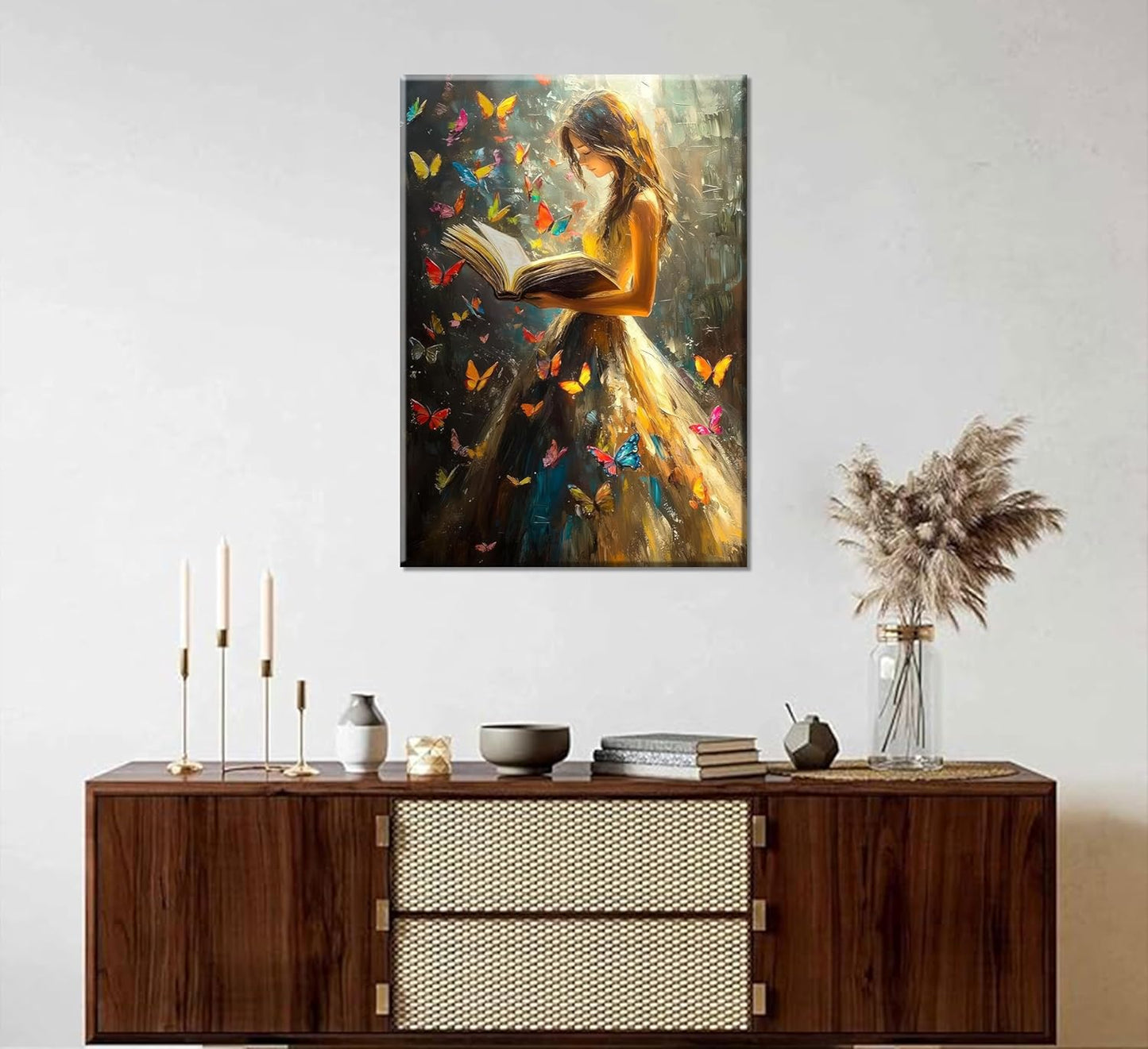 Reading Girl Canvas Wall Art Colorful Butterfly and Victorian Girls Wall DecorGirls Room Poster Print Vintage Book Artwork Painting Pictures for Reading Room Living Room Bedroom Ready to Hang