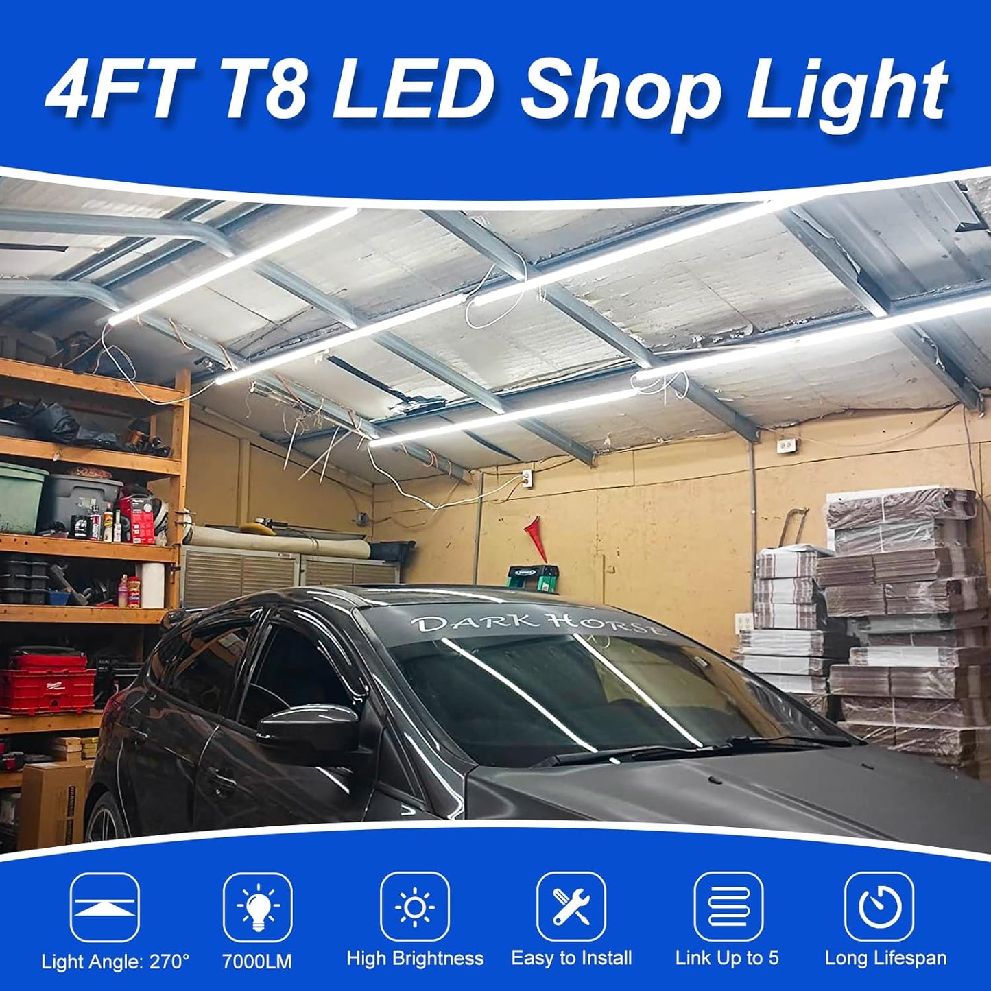 Led Shop Lights, 4FT LED Light 50W 6500K 7000LM Daylight,Led Garage Light,Linkable Clear Cover Integrated V-Shape for Garage Warehouse Workbench Workshop(4-Pack)