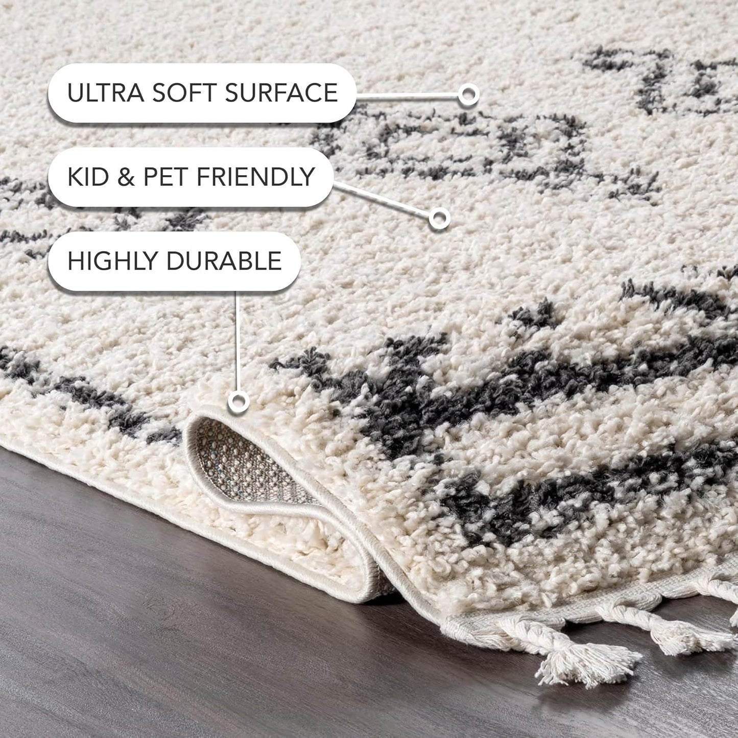 Nuloom Mackie Off-White/Charcoal, 7'10" x 10', Moroccan, Shag, Tassel, Soft and Cozy, High Traffic, Stain Resistant, Easy Clean, Durable Area Rug for Bedroom, Living Room, Dining, Den, Foyer, Entryway