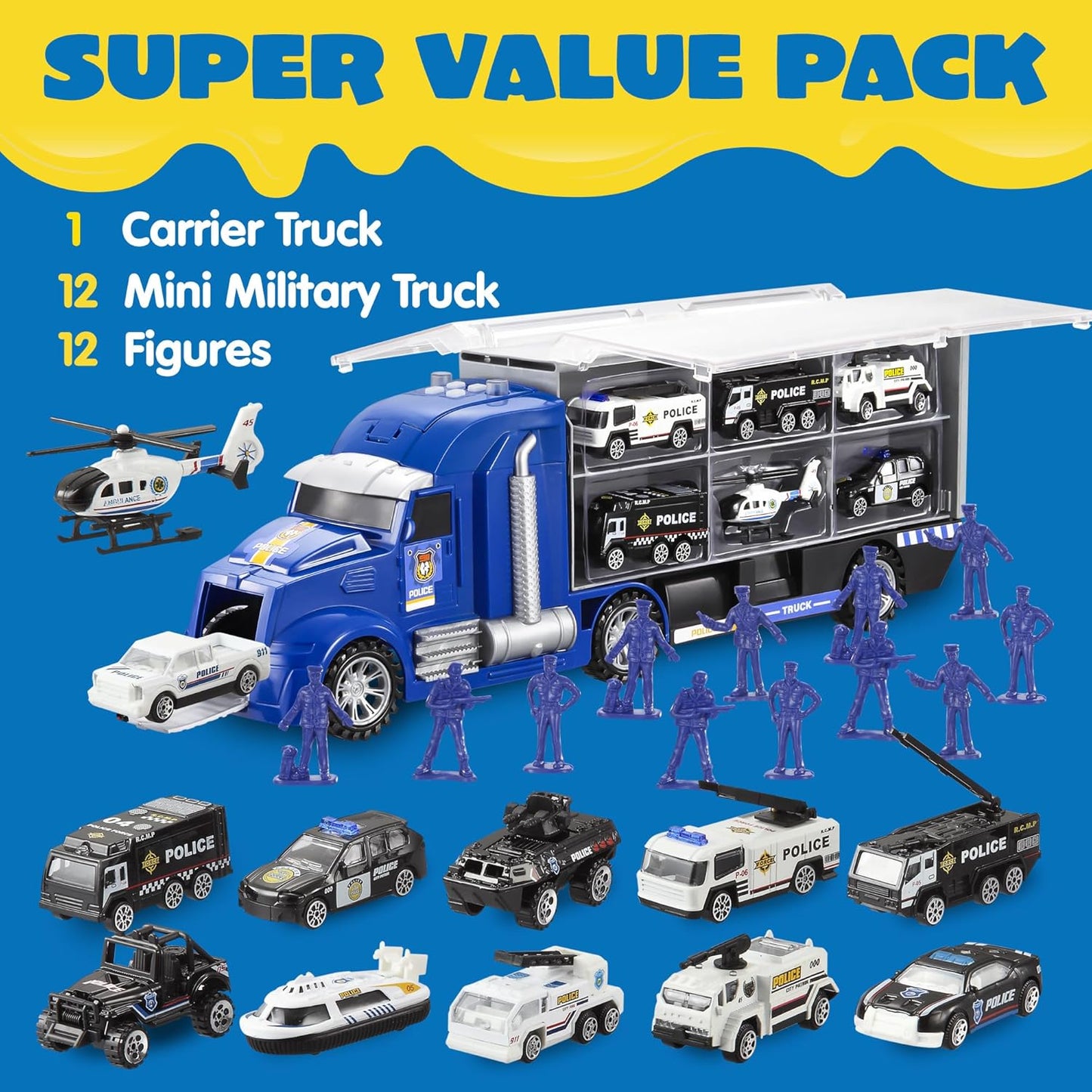 JOYIN 25 in 1 Police Rescue Truck Car Toy Set with Sounds and Lights, Mini Vehicles in Carrier Truck, Play Police Patrol Rescue Vehicle Toy, Birthday Gifts for Over 3 Years Old Boys, Easter Basket