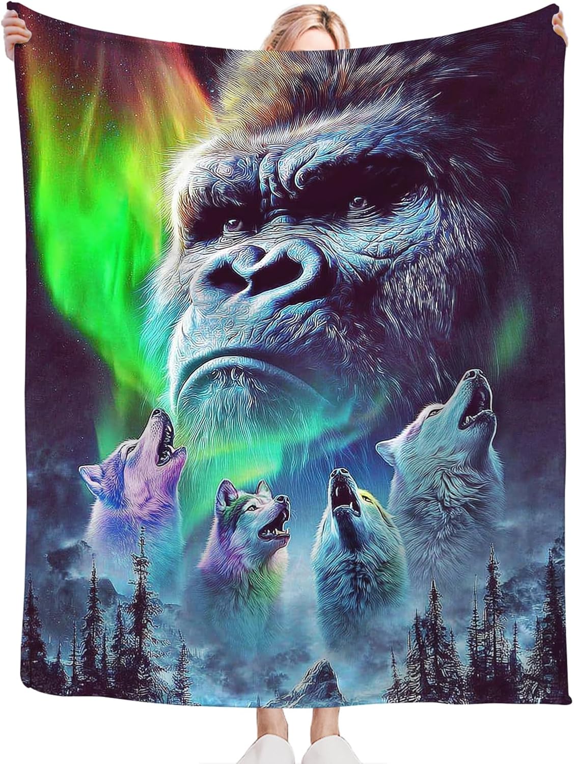 Gorilla Wolf Blanket for Girls Women Boys Men Adults Kids Soft Cozy Fleece Aurora Chimpanzee Foot Throw Blankets Gifts Warm Flannel Plush Lightweight Decor for Couch Bed Sofa 50"X40"