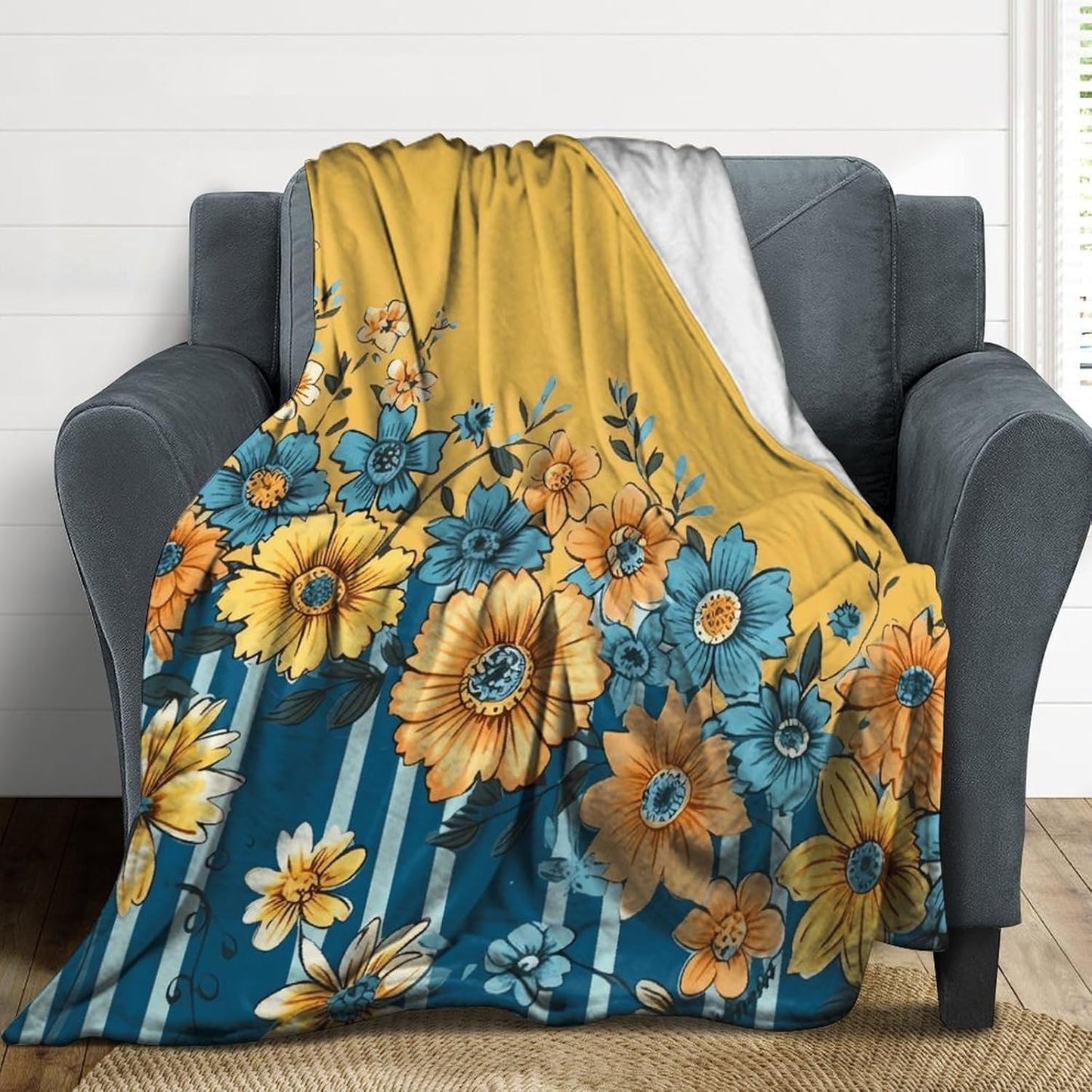 Yellow and Blue Floral Throw Blanket for Couch Super Soft Warm Lightweight Throw Blankets Cozy Flannel Bed Blanket Cute Decorative Blankets for All Seasons Home Decor Gift 60"*80"（150 * 200cm）