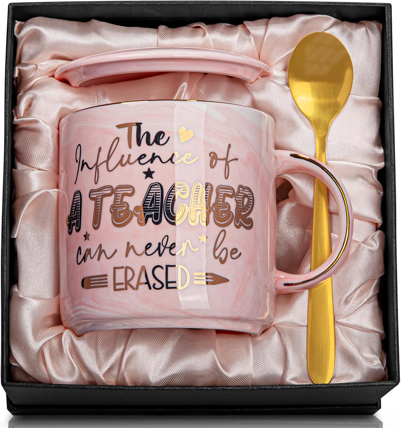 Teacher Appreciation Gifts for Women, Teacher Birthday, Retirement, Back to School, Graduation, End of Year Gifts - The Influence of A Teacher Can Never Be Erased, 14oz Gold Pattern Marble Mug