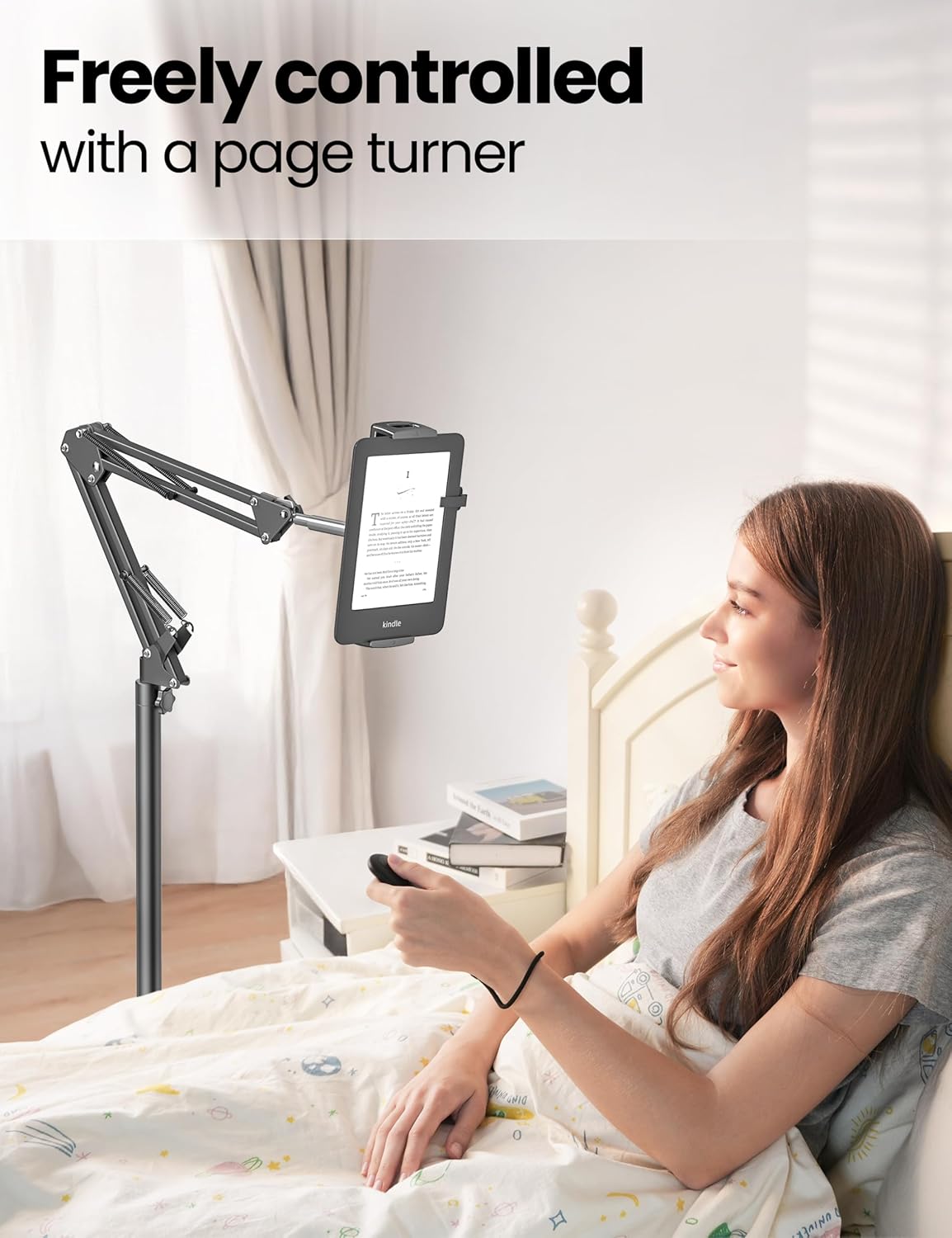 Floor Stand Kindle Holder with Remote Page Turner for Reading in Bed, Adjustable Tablet Mount with Clicker, Kindle Accessories Clicker Tablet Holder for Kindles Tablets iPhones 4.7-12.9 inch(Black)