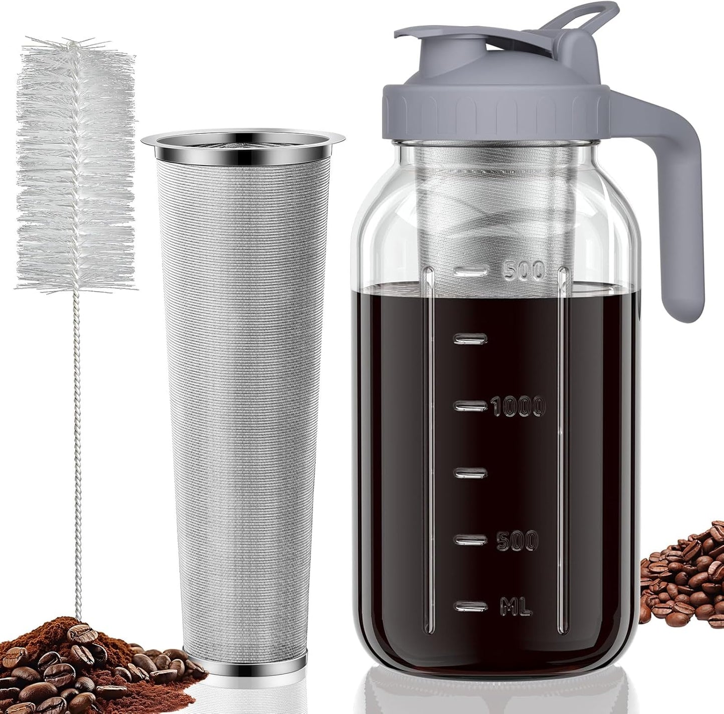 Cold Brew Coffee Maker Jar - 64oz Wide Mouth,LeakProof,Heavy Duty Glass Mason Pitcher with Spout Lid,Handle & Stainless Steel Filter for Iced Coffee,Lemonade,Ice Tea & Fruit Drinks