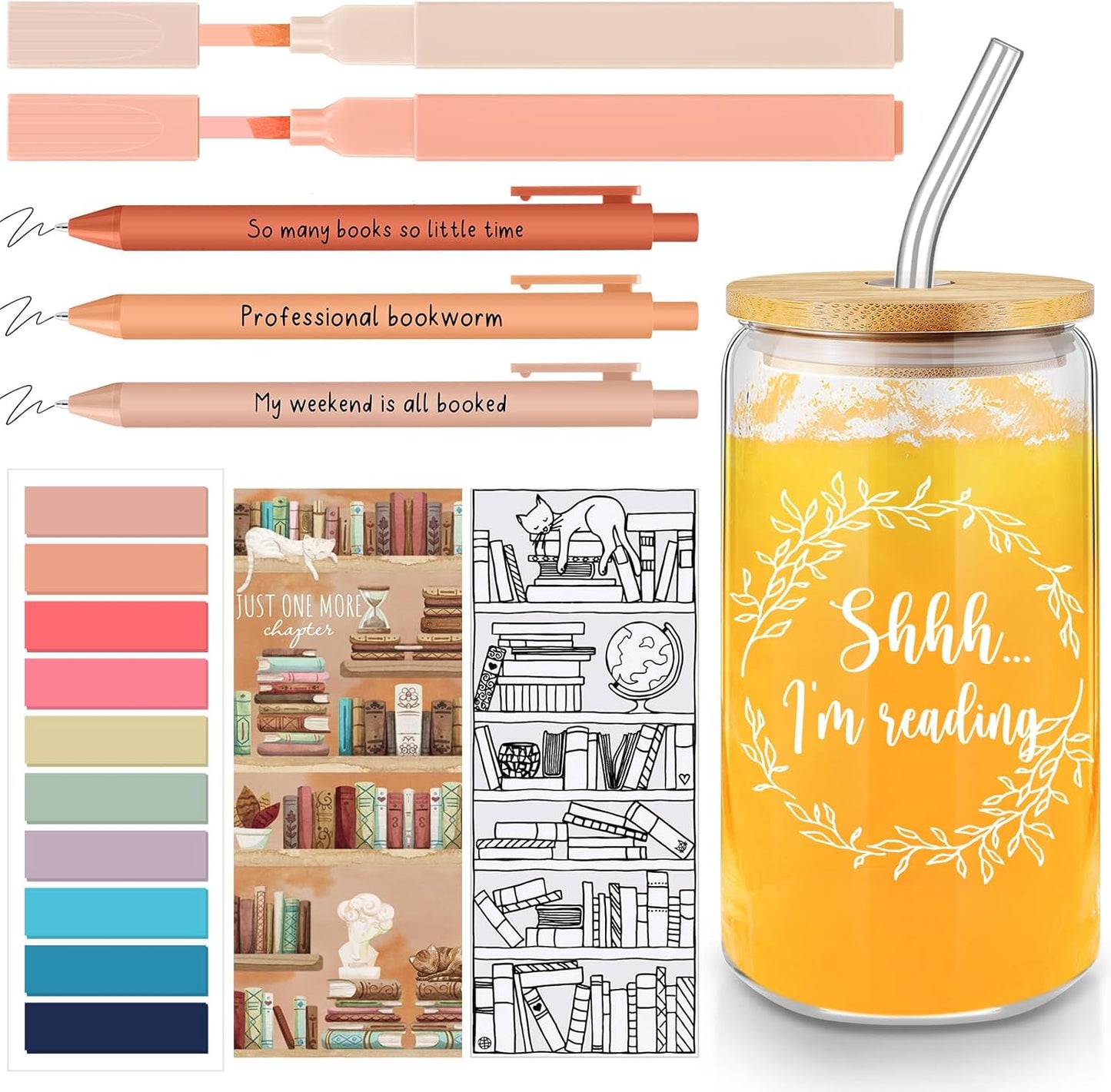 8 PCS Book Lover Gifts 16 oz Glass Cup with Bamboo Lid Straw Reading List Bookmark Sticky Pastel Highlighters Notes Pens for Bookish School Librarian Bookworm Teacher Women(Orange Red)