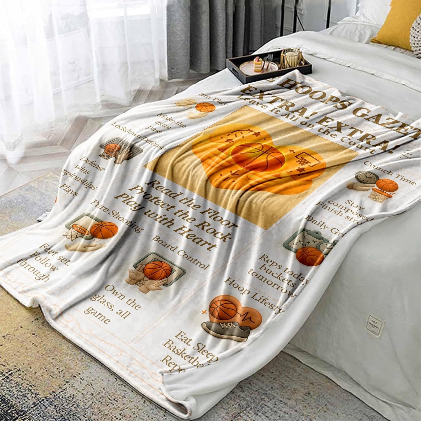 Basketball Blanket for Boys Bedroom Decor, 60x50 Soft Flannel Fleece Throw, Vintage Newspaper Style Sports Blanket, Cozy Gift for Kids & Teens