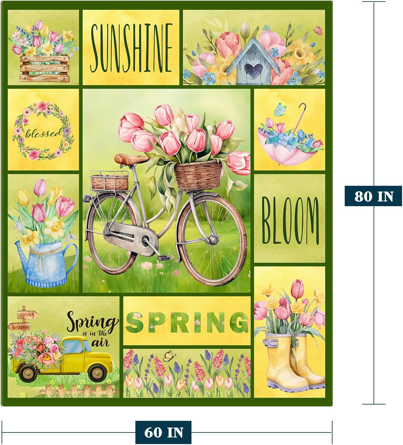 Spring Theme Decorative Throw Blanket Twin Farmhouse Bike Floral Blanket Couch Sofa Bed Soft Cozy Lightweight Fuzzy Fleece Blankets and Throws Cute Easter Flower Blanket 60x80