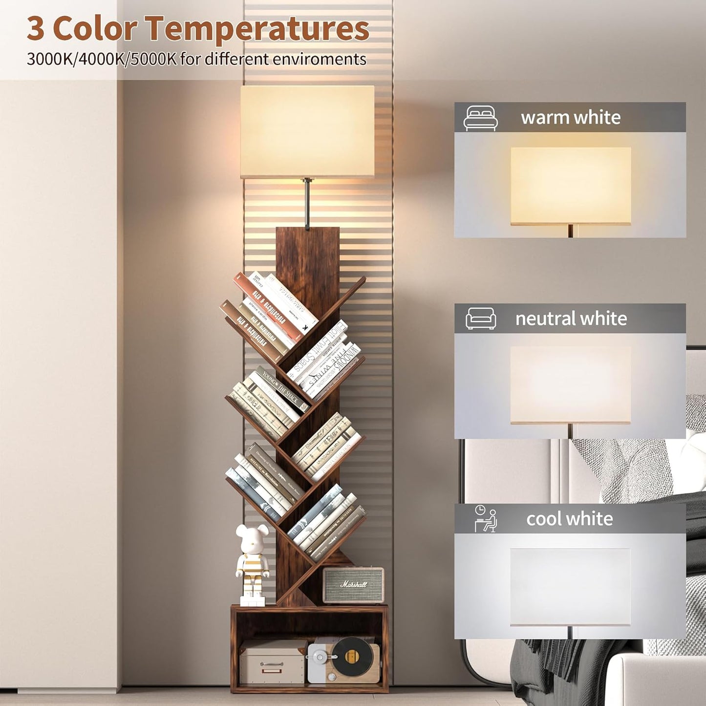 3-Tier Tree Bookshelf with 3-Color LED Lights, Small Narrow Tall Floor Standing Bookcase with Storage Organizer, Rustic Brown Book Shelf for Living Room, Bedroom, Home Office