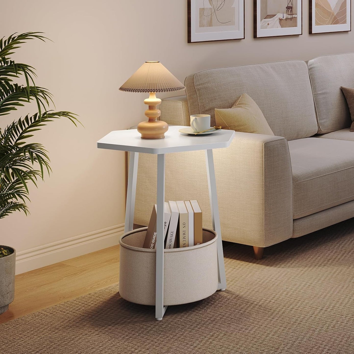 Small Side Table, Round End Table with Storage Basket, Modern Nightstand for Small Space, Hexagonal Bedside Table, Couch Side Table for Living Room, Bedroom, White ETWT9901