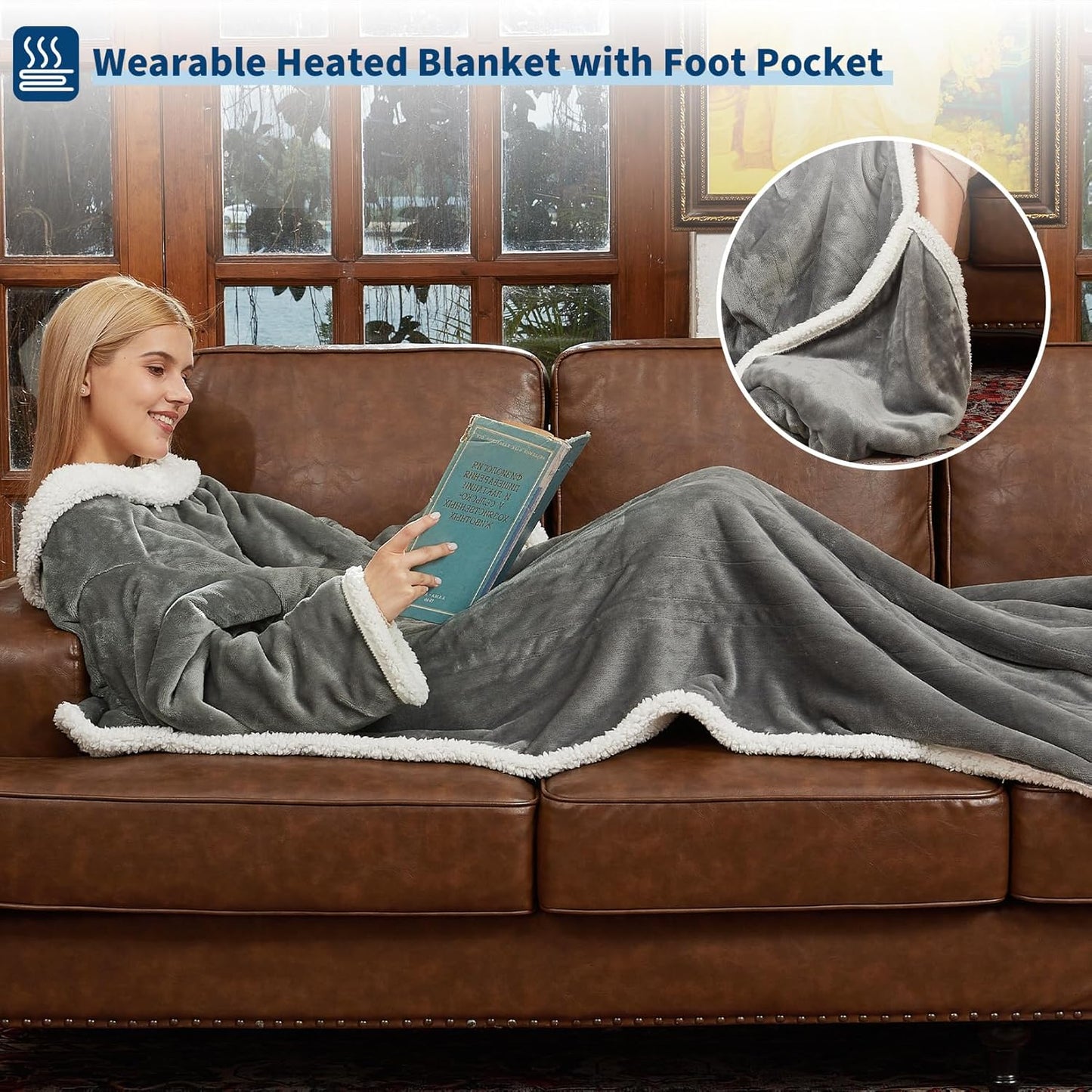 GarveeHome Wearable Heated Blanket with Foot Pocket,Electric Snuggle Blanket with Sleeves,6 Heating Levels & 2/4/8/10H Time Settings,Machine Washable,Gift for Family & Friends,50 * 70"+18", Dark Gray