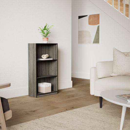 Furinno BASIC Book Shelf, 3-Tier Modern Bookshelf, Bookcase with Open Shelves, 9.3 x 21.8 x 39.5, for Living Room, Bedroom, Home Office, French Oak/Black
