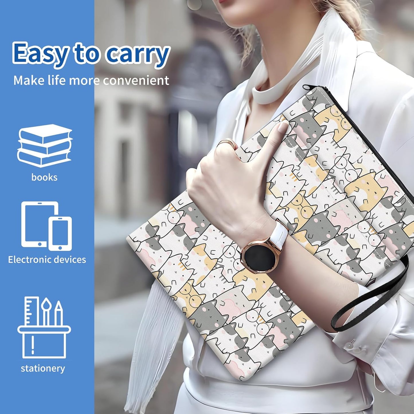 Book Sleeve, Funny Book Pouch, Cute Book Protector with Zipper and Front Pocket Handle Strap BookCover Case for Women Cute Colorful Cats