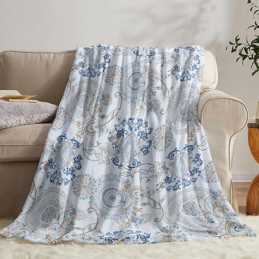 Neasow Teal Fleece Throw Blanket, Light Blue Paisley Design Floral Cozy Decor Nap Blankets for Sofa Bed Couch Chair or Dorm Throws 40×50 inches