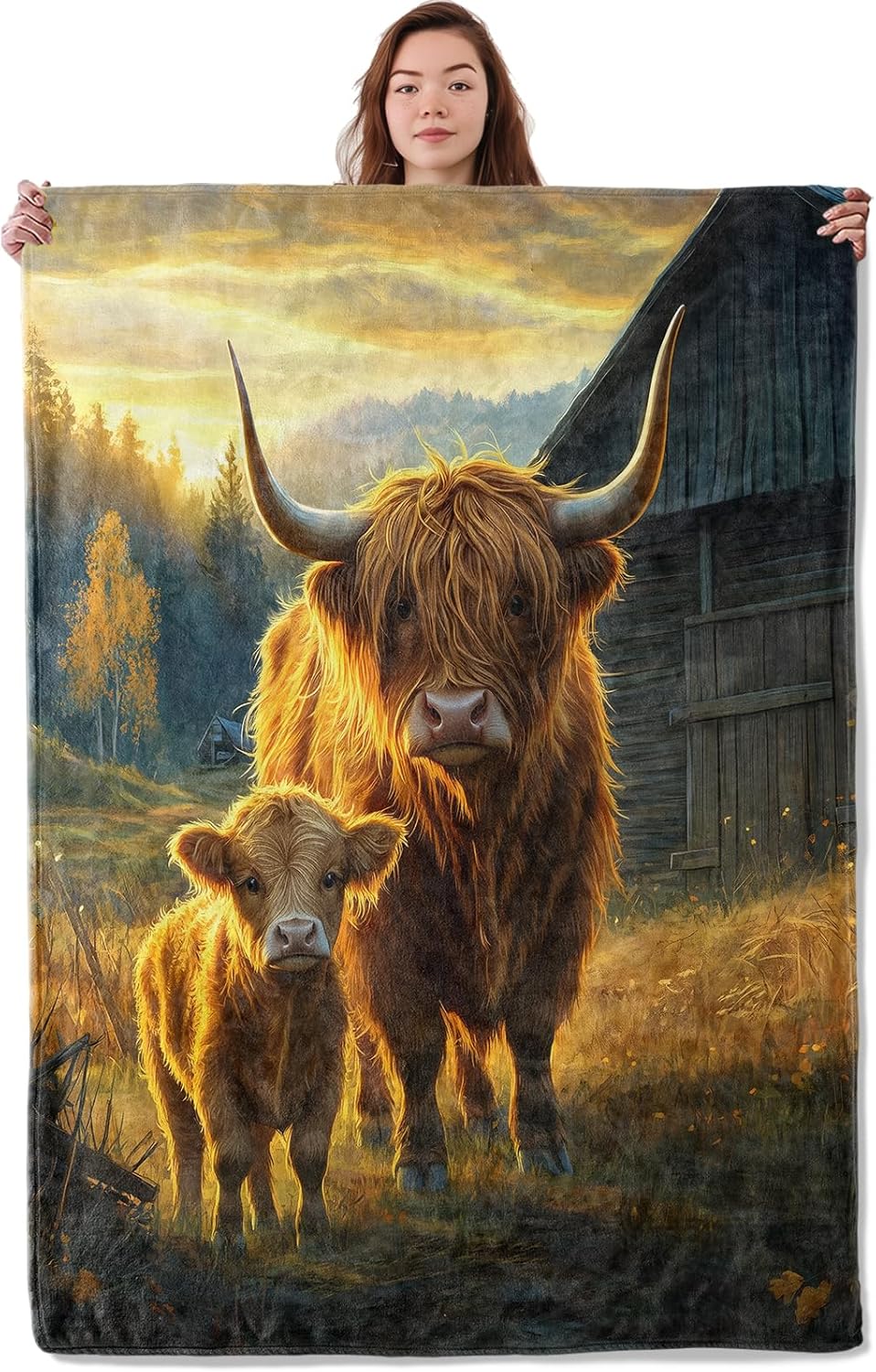 Sunset Highland Cow Blanket, Soft Cozy Warm Throw Blanket for Adults Kids Women, Comfy Lightweight Fuzzy Flannel Blankets for Couch, Travel, Car, Home Decor 60×50 Inch