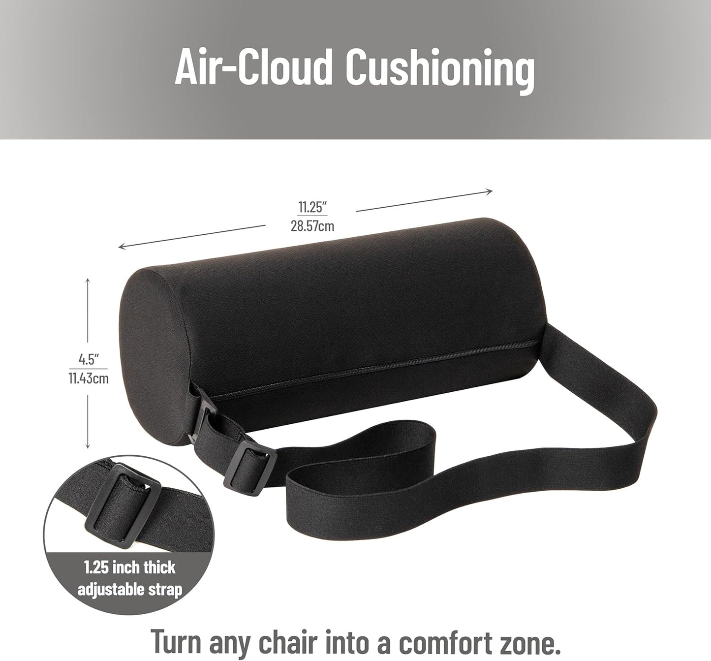 Mind Reader Lumbar Roll Pillow with Air-Cloud Memory Foam, Back, Waist & Hip Support, Breathable Cover & Adjustable Strap, Black