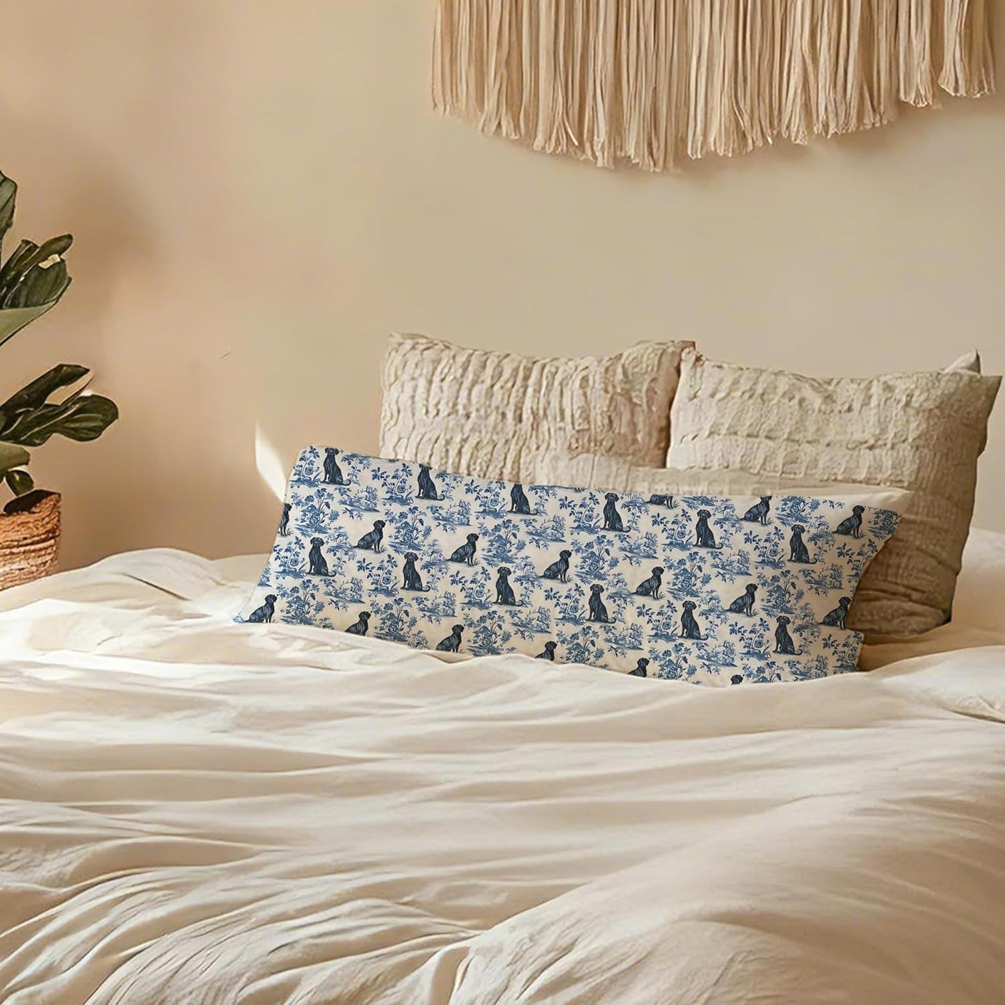 Blue and White Chinoiserie Labrador Retriever Decor 20x54 Body Pillow Cover,Labrador Retriever Gifts,Toile de Jouy Floral Dog Body Pillow Pillowcase with Zipper for Bed Couch