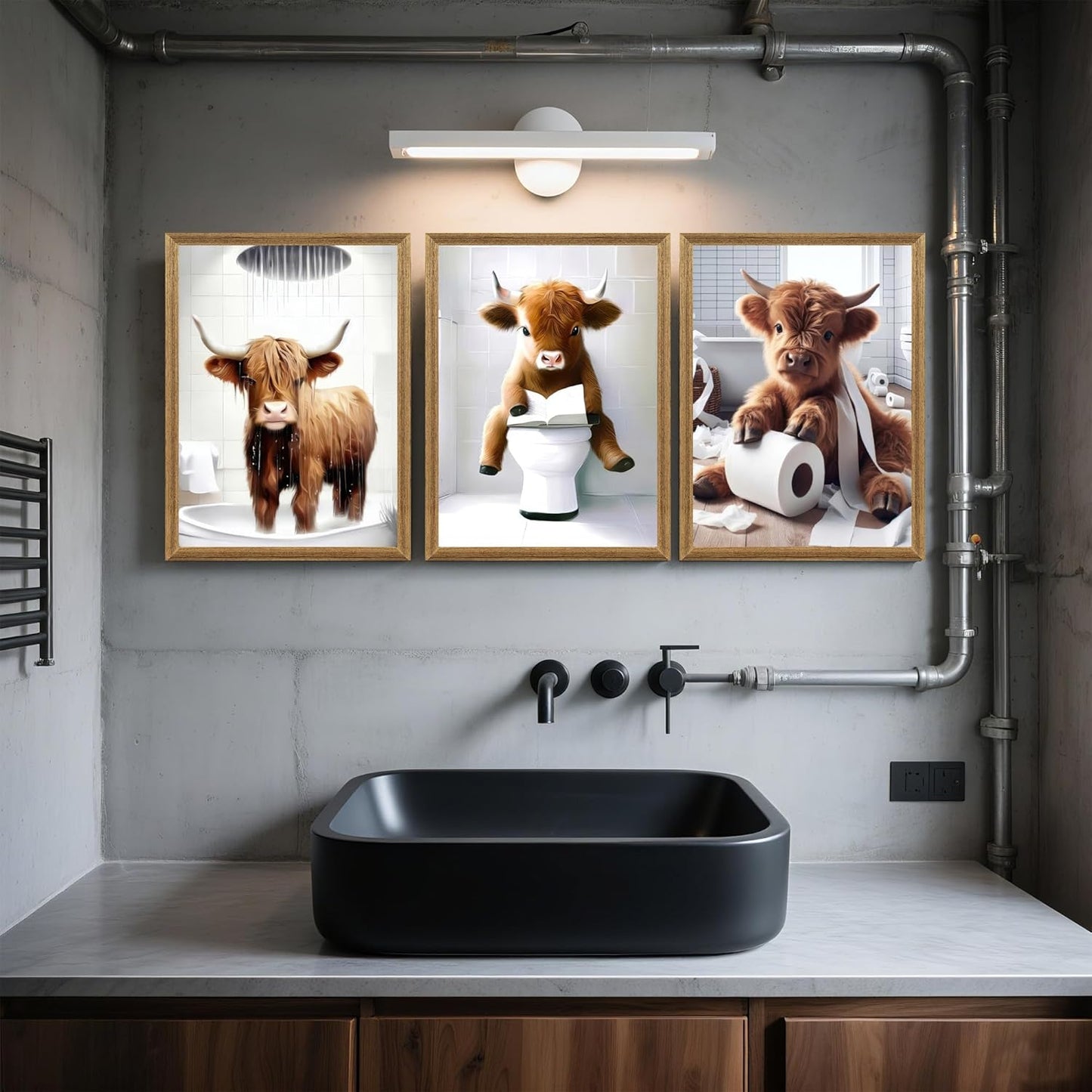 FYLDPSB 3Pcs Framed Little Highland Cow Bathroom Canvas Wall Art, Funny Signs Animal Wall Decor, Rustic Cute Poster Prints for Bathroom Restroom Decor 24''L x 16''W