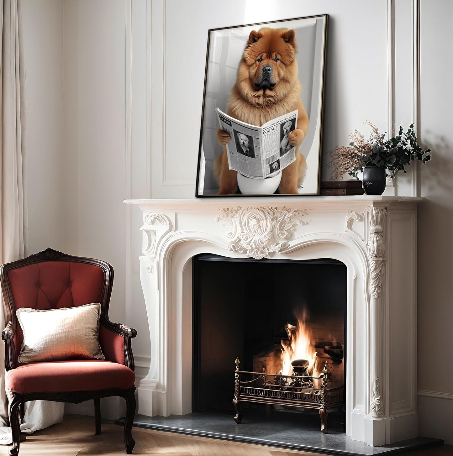 Poster Master Chow Chow Sitting on Toilet Poster - Dog Reading a Newspaper Print - Dog Art - Gift for Him, Her, Animal Lover - Fun Decor for Bedroom, Bathroom, Restroom - 11x14 UNFRAMED Wall Art