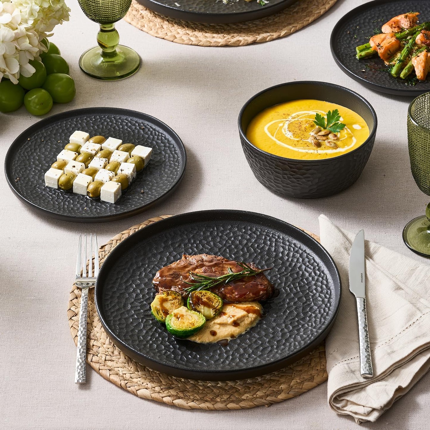 KINGSTONE Ceramic Dinnerware Set, 18-Piece Porcelain Plates and Bowls Set for 6, Matte Black or White, Hammered Texture, Microwave, Dishwasher & Oven Safe, Perfect for Home, Weddings & Gifts
