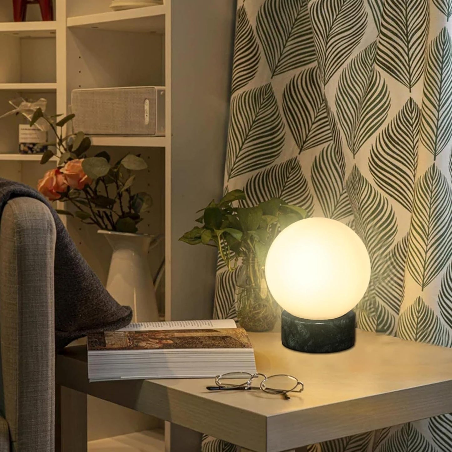 FLORNIA Globe Tble Lamp, Modern Industrial Round Table Lamp, Unique Bedside Nightstand Desk Lamp with Glass Shade and Marble Base for Bedroom, Living Room, Office Study, Decoration (Include Bulb G45)