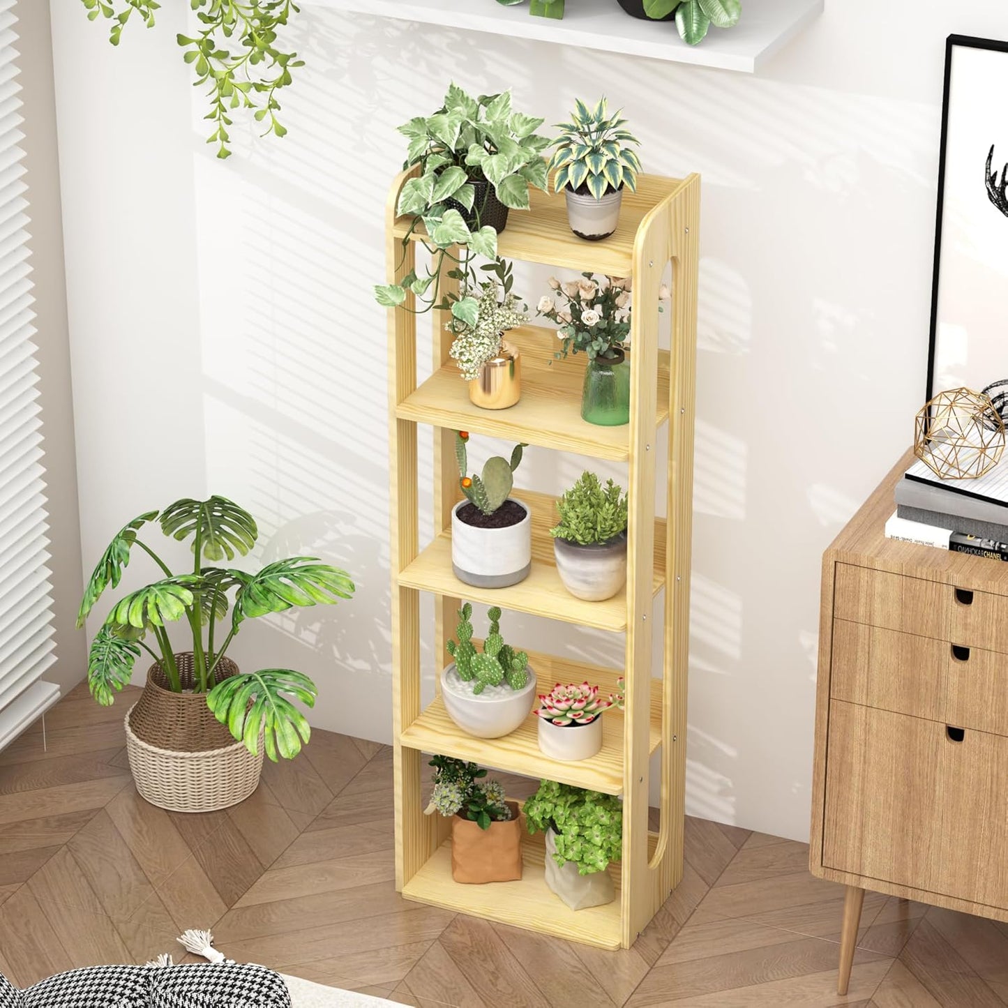5 Tier Tall Solid Wood Bookshelf - Narrow Open Shelf Wooden Bookcase, Floor Standing Display Storage Rack Bookshelves, Large Rustic Corner Book Storage Organizer for Bedroom, Study Home Office