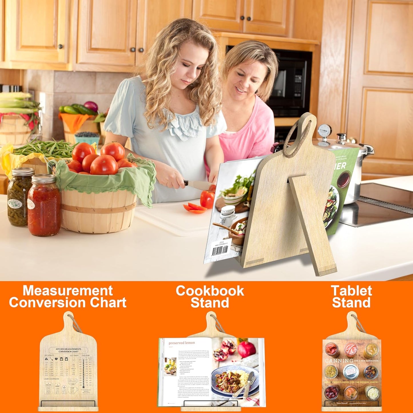 Bamboo Cookbook Stand, Adjustable Cookbook Holder Stand, Recipe Book Holder with Measurement Conversion Chart, Cook Book Stand for Kitchen Counter, Essential Accessories Gifts for Bakers Women