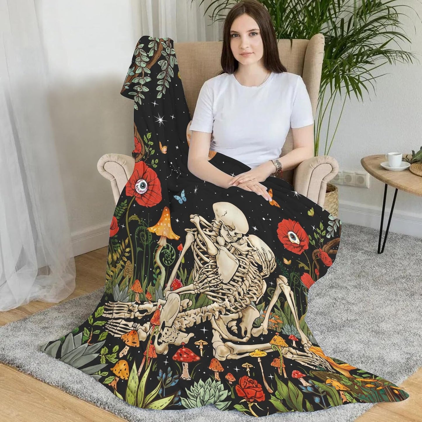 Leeisysme The Kissing Lovers Floral Fleece Throw Blanket, Hippie Skeleton Moon Mushroom Skull Flower Plants Romantic Cozy Decor Nap Blankets for Sofa Bed Couch Chair or Dorm Throws 50×60 inches