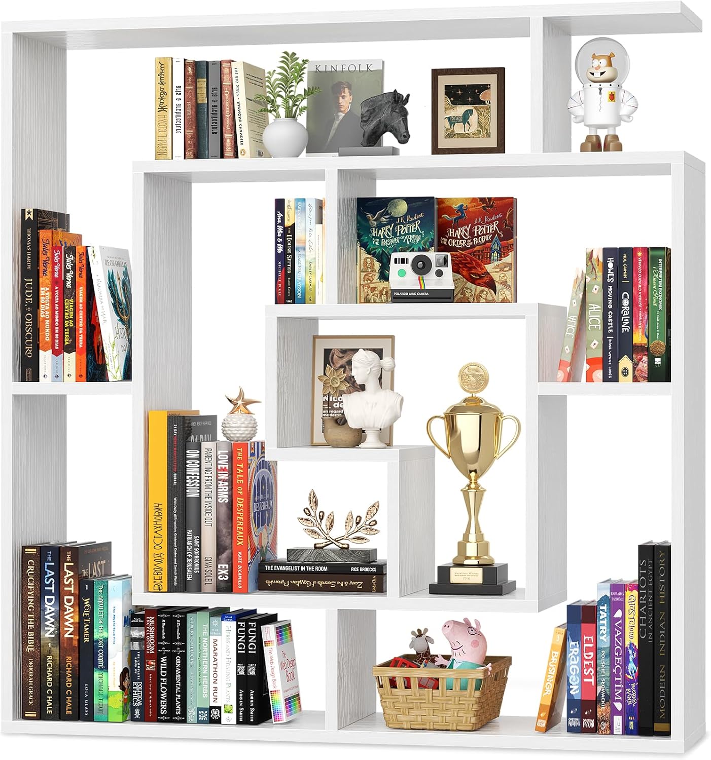 6-Tier Geometric Bookcase — Wall Mounted & Freestanding, 45.5×47 in, White