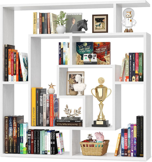 6-Tier Geometric Bookcase — Wall Mounted & Freestanding, 45.5×47 in, White