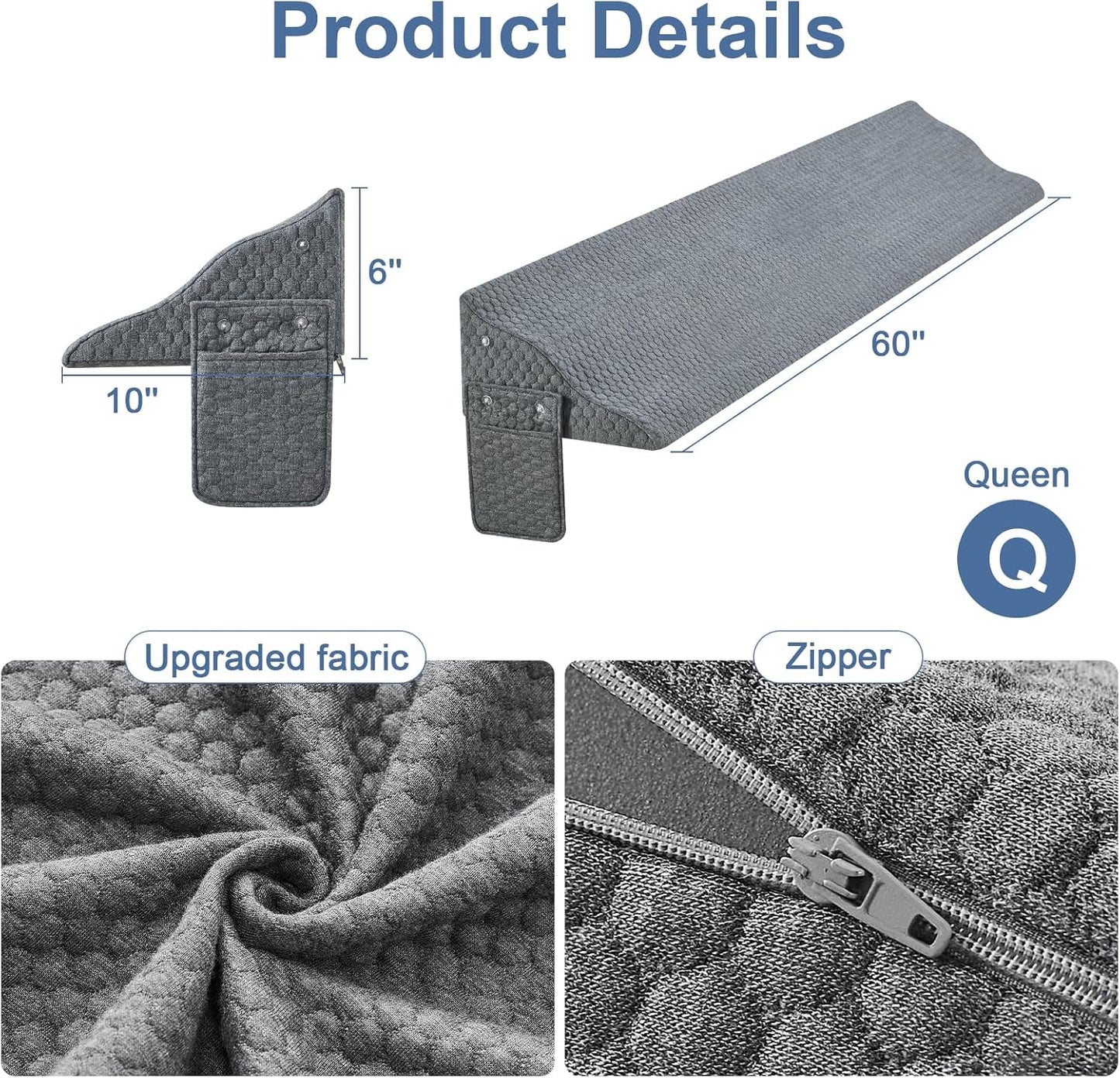 Yojoker Queen Size Bed Wedge Pillow for Headboard Gap, Wedge Pillow Headboard with Side Pockets and Wave Contour, High-Density Foam Bed Gap Filler (0-6"), 60x10x6 Inch, Gray