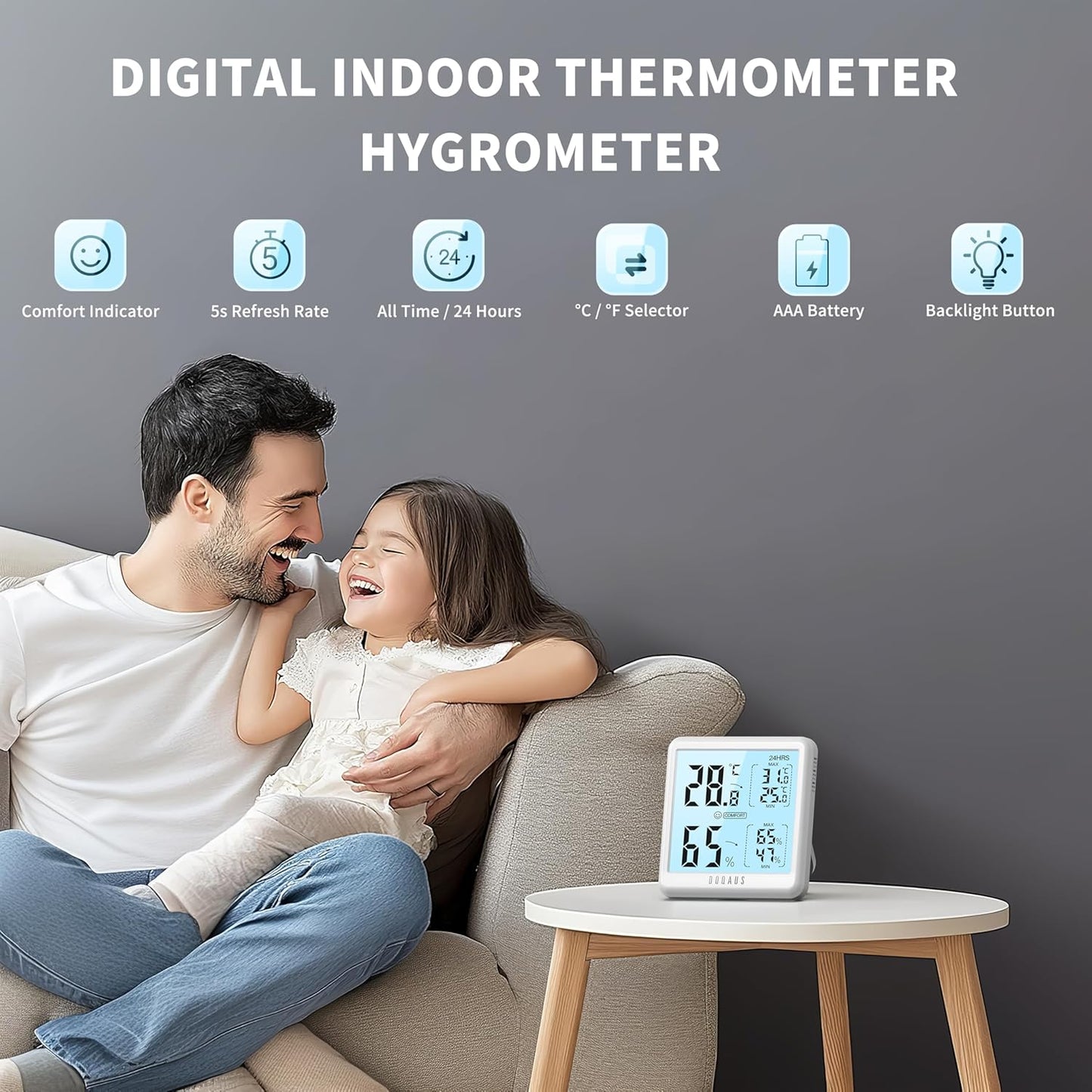 DOQAUS Digital Hygrometer Indoor Thermometer for House, Room Thermometer with 3s Fast Refresh & Max Min Records, Temperature Monitor Humidity Meter with Backlight, White