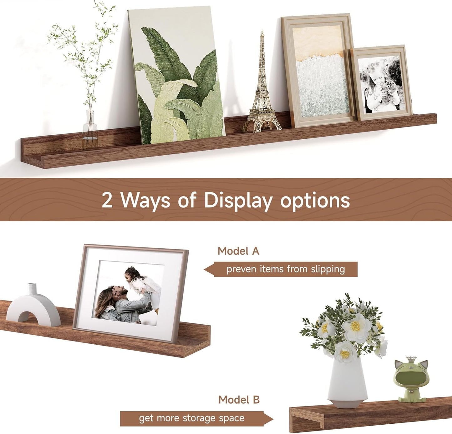 Fun Memories Picture Ledge Shelf for Wall, Floating Shelves Set of 4, 36 Inch Long Nursery Book Shelves for Toys Storage, Kids Bookshelf Wall Mounted for Books Photo Frames, Walnut